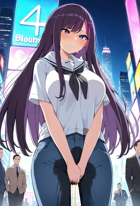 (masterpiece:1.37), best quality, (extremely detailed:1.37), (1girl:1.5), woman, (mature:1.5), (adult:1.5), large breasts, very long hair, (straight hair:1.5), (very dark purple hair:1.5), purple eyes, (extremely detailed eyes:1.37), hoodie, jeans, despera...