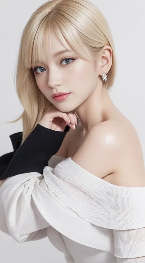 High resolution、high resolution、8K、Real Live Action、(((Off-the-shoulder blouse:1.4, White background、Highest quality:1.4)))、Physically Based Rendering, Portraiture, Super beautiful woman, 18-year-old, Small, large eyes, Fine thin eyebrows, Eye highlights, ...