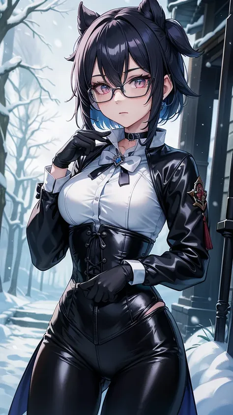 1 girl, Chiori (genshin impact), Alone, choker:1.6, White long sleeve shirt with long sleeve collar, black leather corset, black gloves that cover your hands, shiny black leggings, glasses, looking at the viewer,, inside, depth of field, expressionless, al...