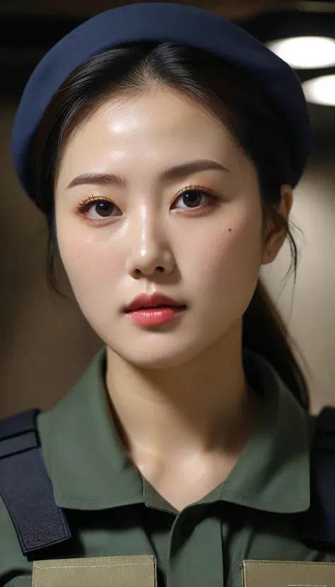 Close-up of beautiful Korean woman, 34 inch chest size, Dressed in Navy SEALs, In the basement, Ultra HD