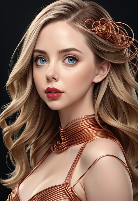 A beautiful women with copper wires for hair. Wearing a dress made of copper wires.This stunning beauty is a merge of Alison Brie, Scarlett Johansson, and Dove Cameron, with a symmetrical face rendered in photorealistic quality. The overall artwork is a ma...