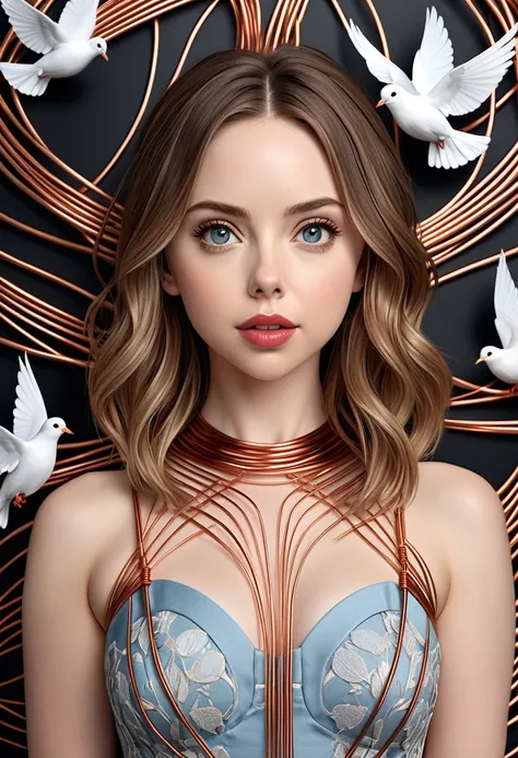 A beautiful women with copper wires for hair. Wearing a dress made of copper wires.This stunning beauty is a merge of Alison Brie, Scarlett Johansson, and Dove Cameron, with a symmetrical face rendered in photorealistic quality. The overall artwork is a ma...