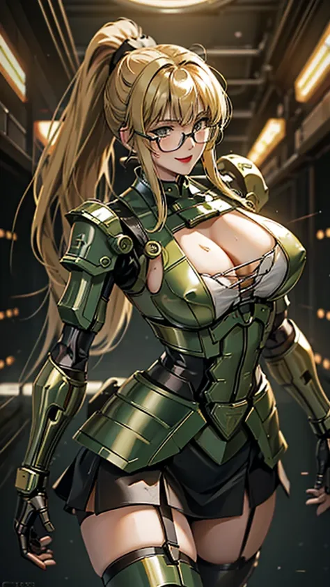 Military green translucent armor，Arm mecha，blonde short hair，Long ponytail hairstyle，Large Breasts，Cleavage，Pistol hanging from waist，fighter pilot，fighter hangar，Sexy，Lipstick，miss，Golden Eyes，stockings，Short skirt，Smile，red glasses