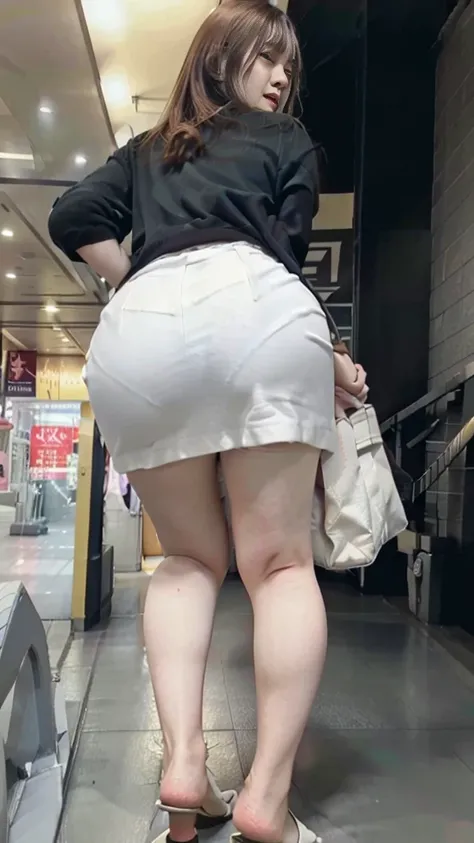 Up Escalator Skirt、short coat、bottom body close up、View from behind、Very low camera angle、Slouched、bent forward、Panchira、Buttocks,big ass