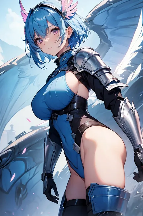 4K,High resolution,One Woman,Blue Hair,Short Hair,Pink eyes,Big Breasts,Valkyrie,White sacred armor,Full Armor,Winged headgear,Dragon&#39;s Tail,Dragon Wing,Dragon Horn,Jewelry decoration,Gold decoration,Holy Long Sword,Temple in the Sky