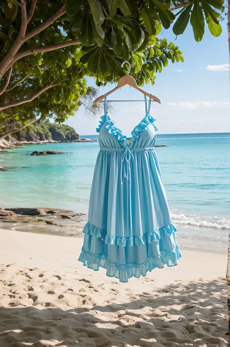 Light blue frilly swimsuit hanging on a hanger on a beach in a fairy tale world