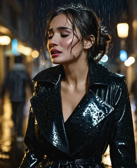 sexy woman, expensive clothing, walking through the city at night, crying in the rain.