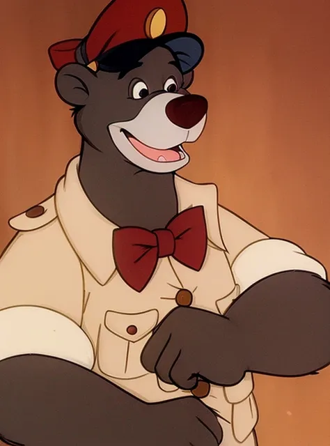 1 boy, bear, black eyes, day, furry man, it has, male focus, a parody, red cap,bow tie white tuxedo, ,smile, one,fantasy, animal...