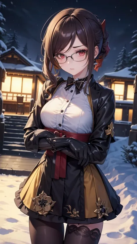 1 girl, Chiori (genshin impact), Alone, choker:1.6, White long sleeve shirt with long sleeve collar, black leather corset, black gloves that cover your hands, shiny black leggings, glasses, looking at the viewer,, inside, depth of field, expressionless, al...