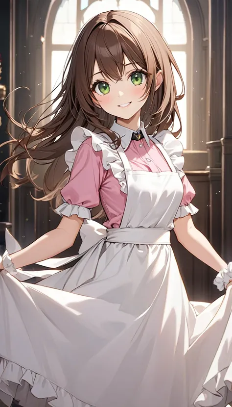 best quality, super fine, 16k, 2.5D, delicate and dynamic depiction, Isabella, cute girl with young face, estimated to be 25 years old, brown hair, big green eyes, pink shirt with white frills on the shoulders and neck, ivory ruffled long skirt, cute white...