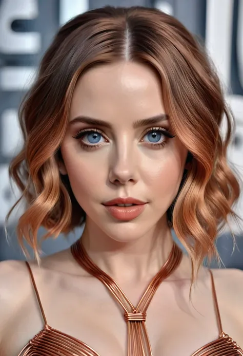 A beautiful women with copper wires for hair. Wearing a dress made of copper wires.This stunning beauty is a merge of Alison Brie, Scarlett Johansson, and Dove Cameron, with a symmetrical face rendered in photorealistic quality. The overall artwork is a ma...