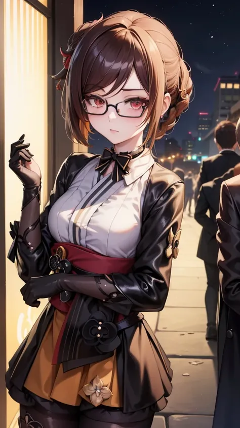 1 girl, Chiori (genshin impact), Alone, choker:1.6, White long sleeve shirt with long sleeve collar, black leather corset, black gloves that cover your hands, shiny black leggings, glasses, looking at the viewer,, inside, depth of field, expressionless, al...