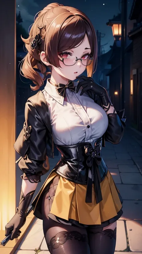 1 girl, Chiori (genshin impact), Alone, choker:1.6, White long sleeve shirt with long sleeve collar, black leather corset, black gloves that cover your hands, shiny black leggings, glasses, looking at the viewer,, inside, depth of field, expressionless, al...