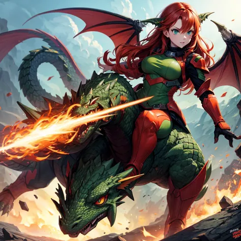  redhead green eyes firepower riding a dragon