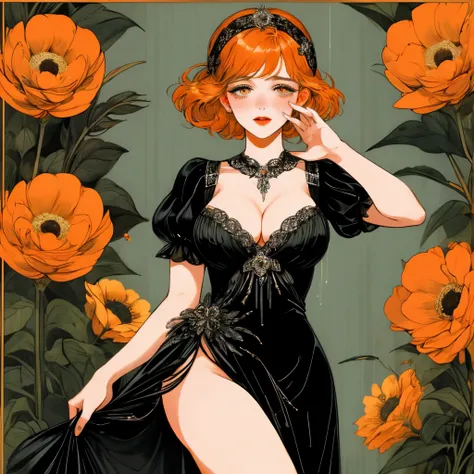 masterpiece, collage of short straight orange haired woman, hazel eyes, show cleavage a little, wearing black dress and black flapper headband, German, 1920s, 1920s outfit, a singer, in a cruise, flower, calm demeanor, various seducing pose