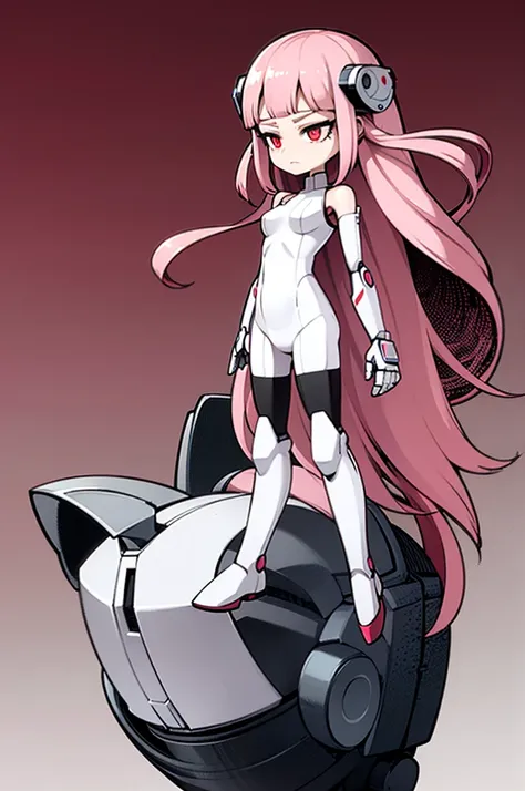 Pink long hair, red eyes, simple background, full body, robot arms,