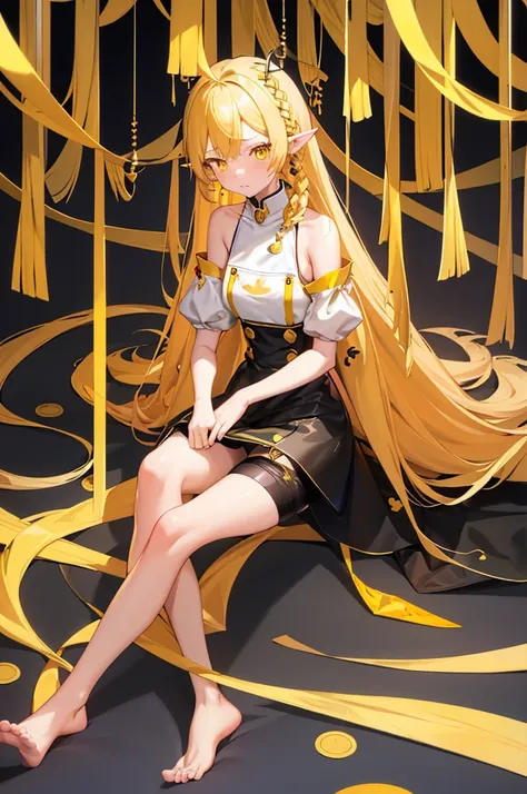 (punctuation_9,punctuation_8_High above,punctuation_7_High above,),oshino shinobu,long hair,standing alone,hair blonde,yellow  eyes,pointy ears,skinny,,braids,white top,black shorts,blush stickers,bared shoulders,Bare feet,sitting down,Underarms, shy,botto...