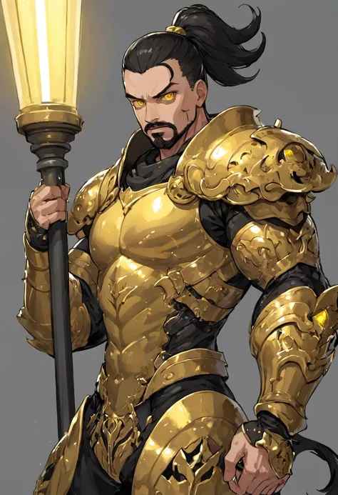 muscle man with a black ponytail wearing gold armor and has yellow eyes and a goatee holding a light post