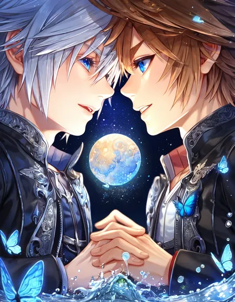 absurdres, highres, ultra detailed, HDR, master piece, best quality, extremely detailed, Riku, gray hair, expressive blue eyes, Kingdom Hearts, Sora, brown hair, expressive blue eyes, two sexy men together, gay couple, yaoi, handsome, black jacket, fantasy...