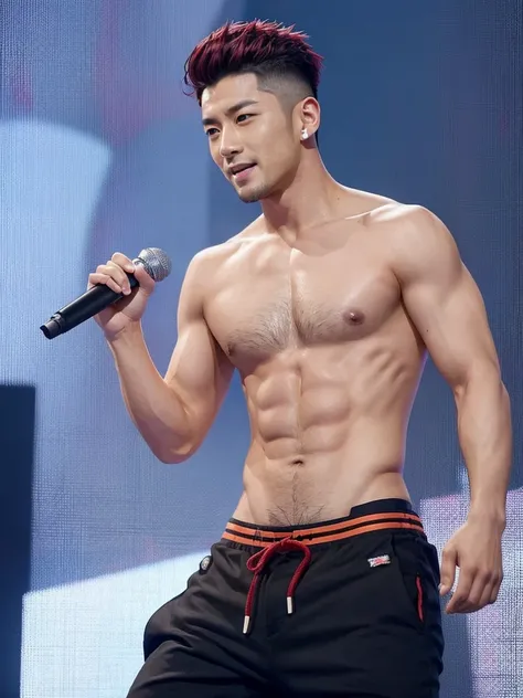 35 year old male idol, of Chinese-Japanese ethnicity, short hair shaved on the sides, with red tips, shirtless and marked abs, main vocalist and great dancer.