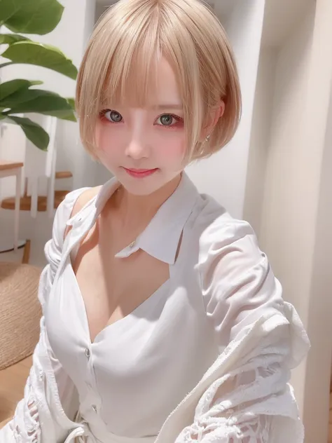 a girl with white skin and short hair。blonde hair, big dark eyes, wearing summer clothes, sophisticated touch, full upper body, ...