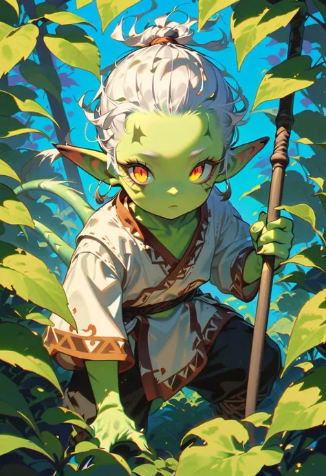 style 9, 1 boy , with yellow-green-gray skin, black eyes with yellow pupil, pointy ears, white hair tied in a messy ponytail, pointed tail, wearing primitive clothing, crouched in some bushes holding a spear 