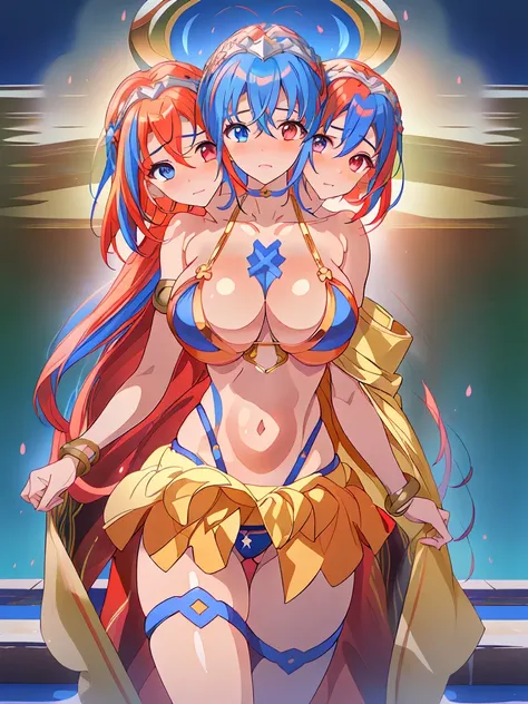 (extremely detailed CG),(best quality), (3heads:1.5), 1girl, alear (fire emblem), heterochromia, crossed bangs, split-color hair, tiara, swimsuit, two-tone bikini, bracelet, blue sarong, thighlet, thigh strap, huge tits,
