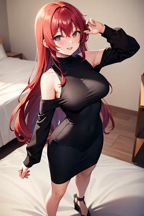 1girl, woman wearing bra, tight midi pencil skirt black, long length pencil skirt, modest skirt, long red hair, looking at viewer, full body, smile, blush, large bust, bedroom