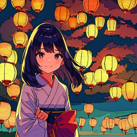 A girl in the center of the road Japanese summer night Many lanterns Fantastic Simple