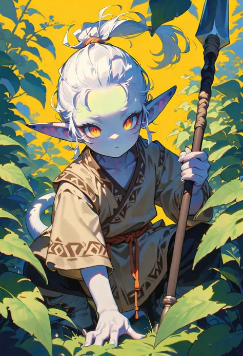 style 9, 1 male , yellow-gray skin, black eyes with yellow pupil, pointed ears, white hair tied in a messy ponytail, pointed tail, wearing primitive clothing, crouched in some bushes holding a spear