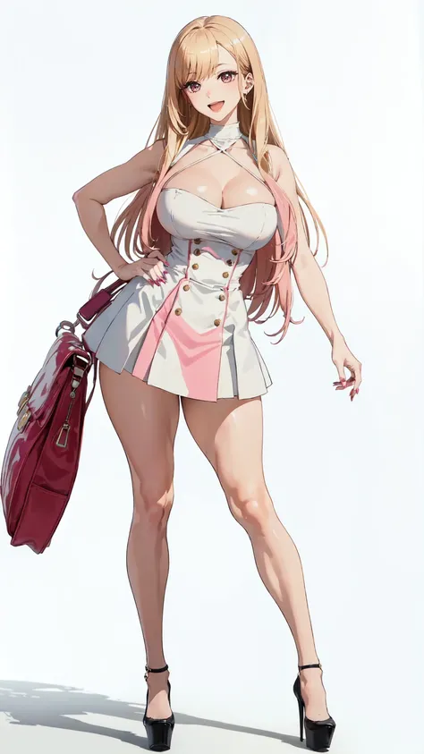 ((masterpiece, high resolution, better quality, better details)), ((Marin Kitagawa)), ((Smiling)), ((one girl)) a girl modeling standing, mini skirt, blouse, ((big neckline)), ((platform high heels)), pink eyes with black outline, (light blonde hair, strai...