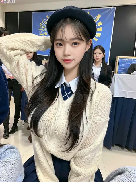 (a photo of a super cute korean schoolgirl wearing a high-end sweater that looks like a school uniform:1.2)(smile,grin:1.1)(beau...