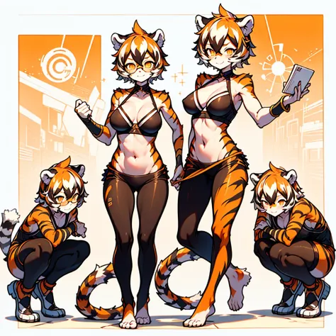 white background, full body, solo, 1girl, Standing Yoga mat, heading up, proud, young girl, animal ears, arknights, white hair, black hair, round eyewear, glasses, OPPEIN, short hair, large breasts, muscle, tail, orange eyes, orange hair, multicolored hair...