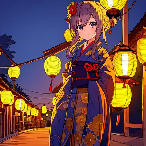 A girl in the center of the road Japanese summer night Many lanterns Fantastic Simple