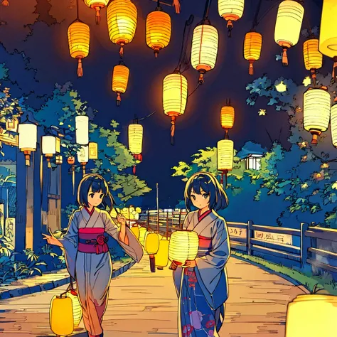 A girl in the center of the road Japanese summer night Many lanterns Fantastic Simple