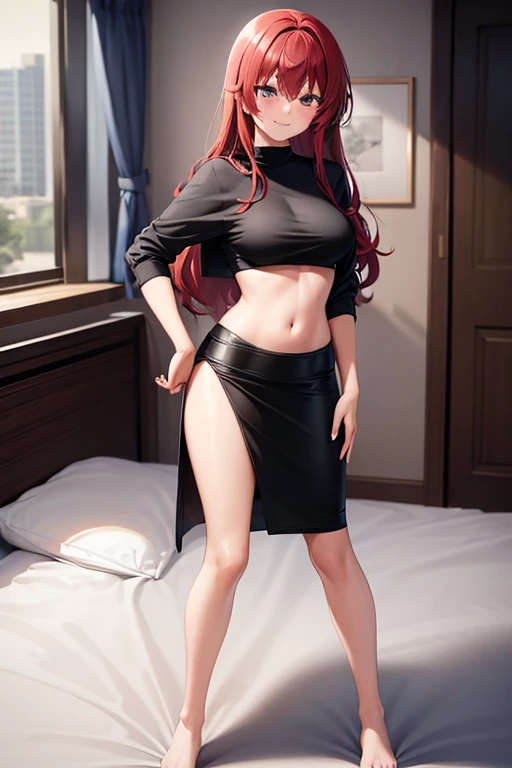 1girl, woman wearing bra, midriff, tight midi pencil skirt black, long length pencil skirt, modest skirt, long red hair, looking at viewer, full body, smile, blush, large bust, bedroom, barefoot, hand on hip