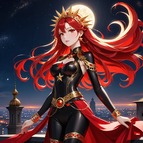 A Beautiful Heroine with a beautiful figure, long, flowing crimson red hair, fair skin tone, and crimson red eyes. She is clad in a black bodysuit with a Red Star pattern on it, gold bands on her wrist, upper arm, belt, and accessories, including gold head...