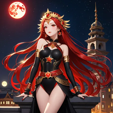 A Beautiful Heroine with a beautiful figure, long, flowing crimson red hair, fair skin tone, and crimson red eyes. She is clad in a black bodysuit with a Red Star pattern on it, gold bands on her wrist, upper arm, belt, and accessories, including gold head...