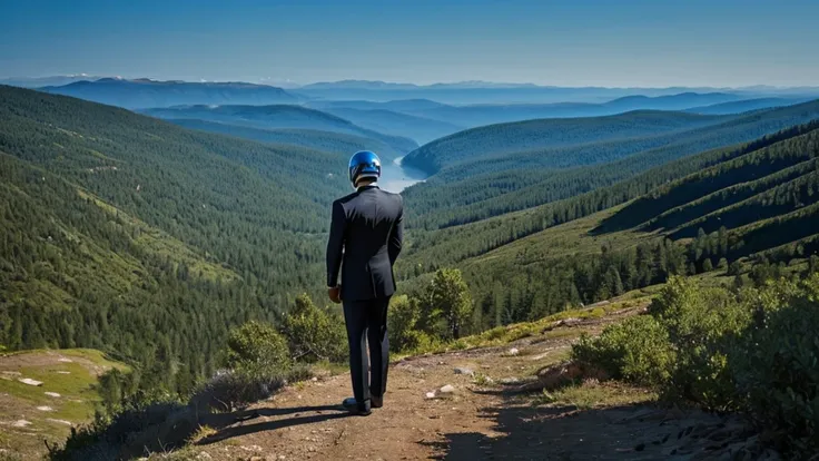 a luxury sales suit man wearing a black rider full-face helmet overlooking wilderness,full body,standard rider black full face h...