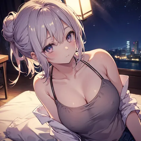 1 girl、Mature、Ample breasts、Bun Hair、Look to the side、camisole、Night view、rest one&#39;s cheek on、Bored face、Sharp Eyes、Purple Hair、gem、Bust-up perspective、Cinema Lighting、High resolution、Highest quality、