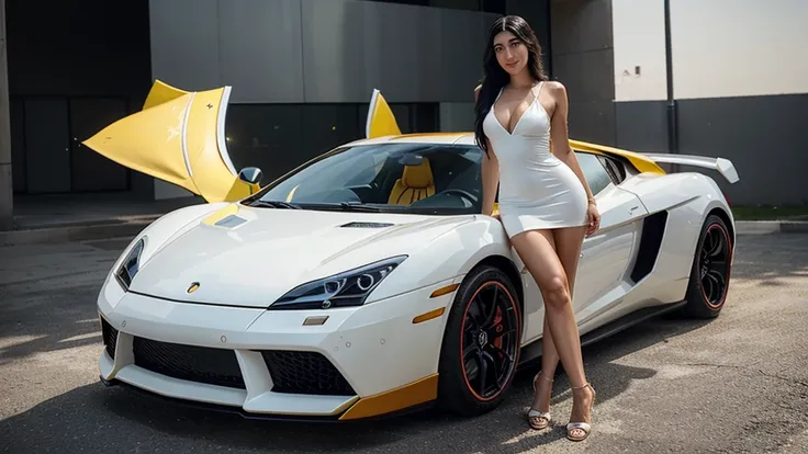 Turkish girl, 30 years old. Tall figure, beautiful face, dark eyes, high nose, plump lips, bright smile, long black hair. smooth white skin. wearing a tight red dress. standing and posing in front of the yellow lambogini supercar. Realistic images, clear d...