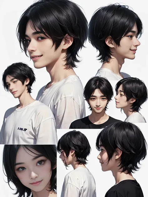 (((Masterpiece))), (high quality), one Japanese boy, 18 years old,(tall and thin,sleepy droopy eyes, long face,thin cheeks:1.5),(black shaggy short hair,blank expression,smile:1.5),Short Hair,Perm,White shirt,(Back view:1.5),(Plain background:1.5),