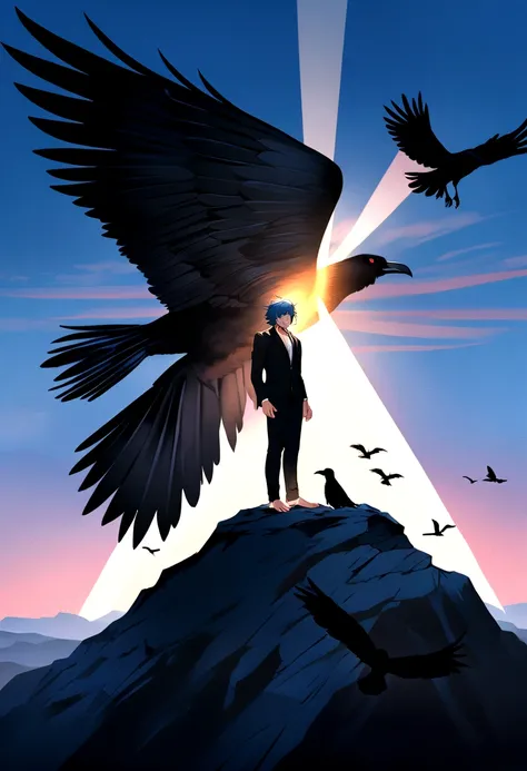 Angel male with 30 years old with ancient alphabet tattoos on his neck, fingernails painted black and red eyes, huge black wings, wearing a black suit and barefoot, on top of a mountain with crows flying in the blue sky, sparkling eyes, blue hair, messy ha...