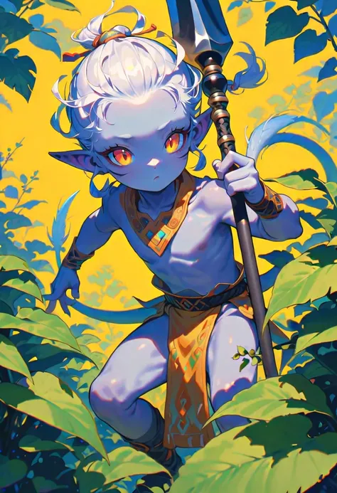 style 9, 1 boy, gray skin, black eyes with yellow pupil, pointed ears, white hair tied in a messy ponytail, pointed tail, wearing a loincloth, crouched in some bushes holding a spear