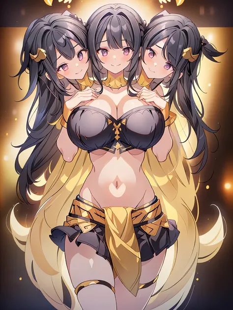 (masterpiece, best quality), best resolution, (3heads:1.5), 1girl, black hair, long flowing hair, smiling, seductive smile, open belly, black crop top, black miniskirt, open breasts, big tits, very huge tits, gold headband, beautiful eyes, alluring presenc...