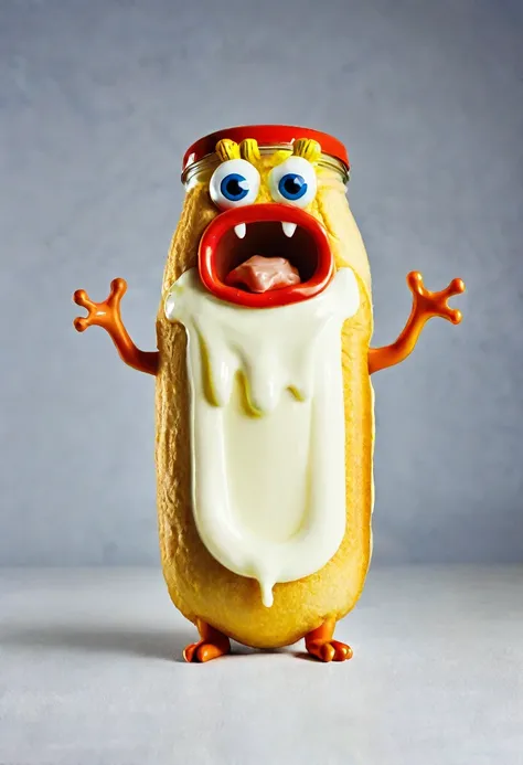 A shaped monster in the shape of a mayonnaise jar, holding a hot dog, this monster has a scary appearance.