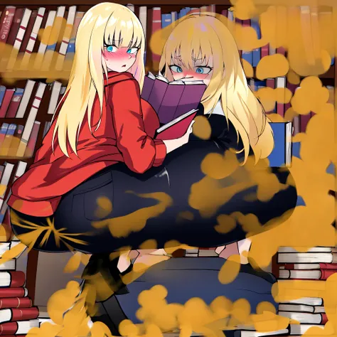 ((best quality)), ((highly detailed)), absurdres, (detailed eyes, deep eyes), (1girl), very long hair, large breasts, surprised, blushing, hoodie, black pants, reading a book, showing butt to viewer, (indoors, at a library, book shelves), bbcchan, squattin...