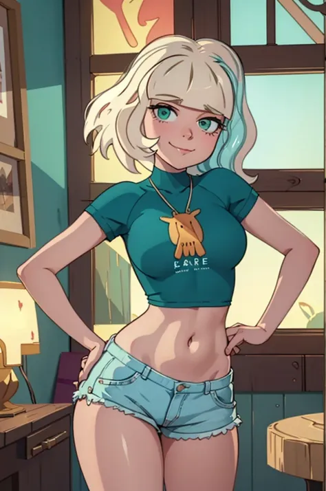 close-up shot of jackie lynn thomas wearing a white top and aquamarine shorts, blonde hair with aquamarine strand, green eyes, p...