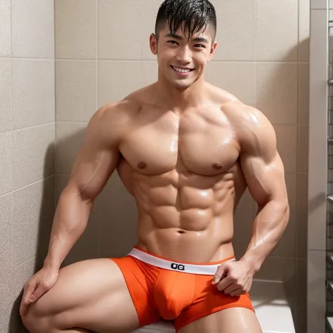 Japanese men、Significantly enlarged and toned muscles、While showing off some very risqué and brightly colored boxer briefs、In a small shower room、Guts pose、The whole body is visible、Shaved head、Sitting upright、Open your mouth and smile widely