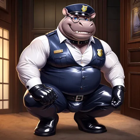 Solo, Male, fat, squatting, extremely obese, gentleman, dapper Hippopotamus blue eyes, (soft shading), 4k, hi res, ((detailed face, detailed)), looking at viewer, evil grin, police station, collared shirt with buttons, hat, male focus, Police Uniform, glas...